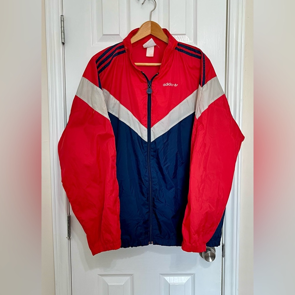 Adidas Red & Blue Track Windbreaker Hoodie Jacket Size XL Vintage